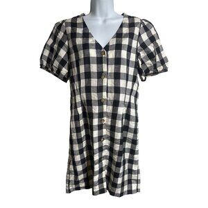 Loft Button Up Shirt Dress Womens Size 6 Petite Black White Gingham Plaid